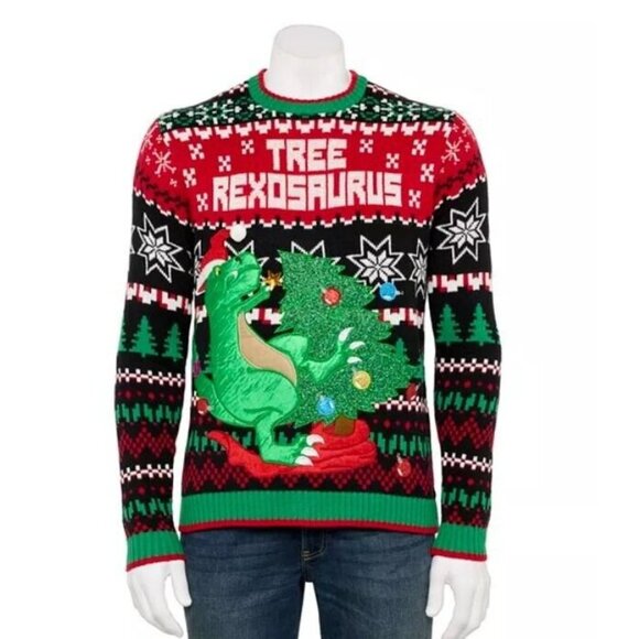 Tree Rexosaurus Dinosaur Tree Ornaments Ugly Christmas Sweater Men's Size XL - Picture 3 of 5